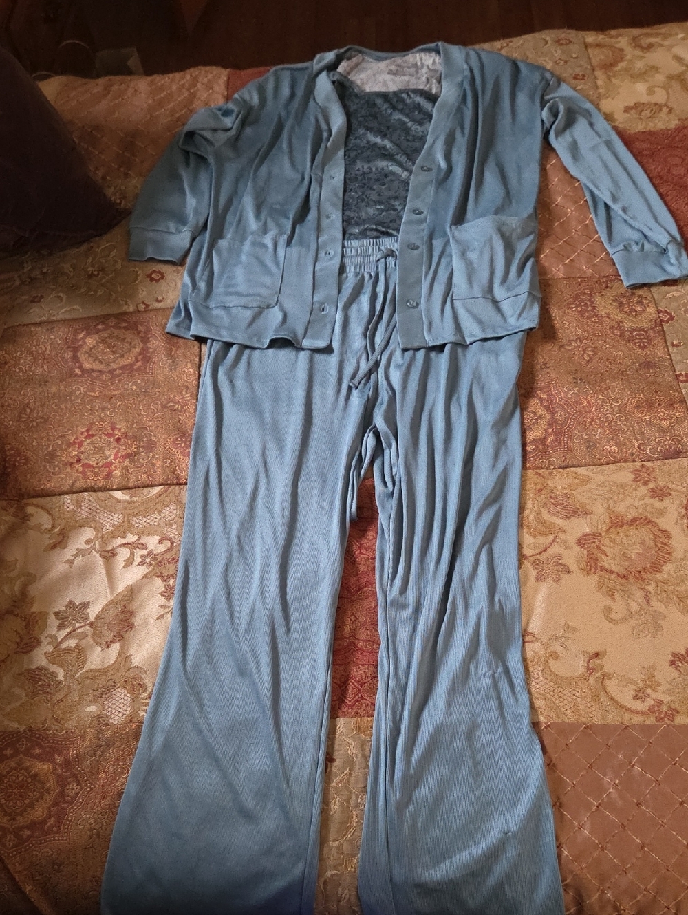 Light Blue Three-Piece Loungewear Set - Cardigan, Top & Drawstring Pants